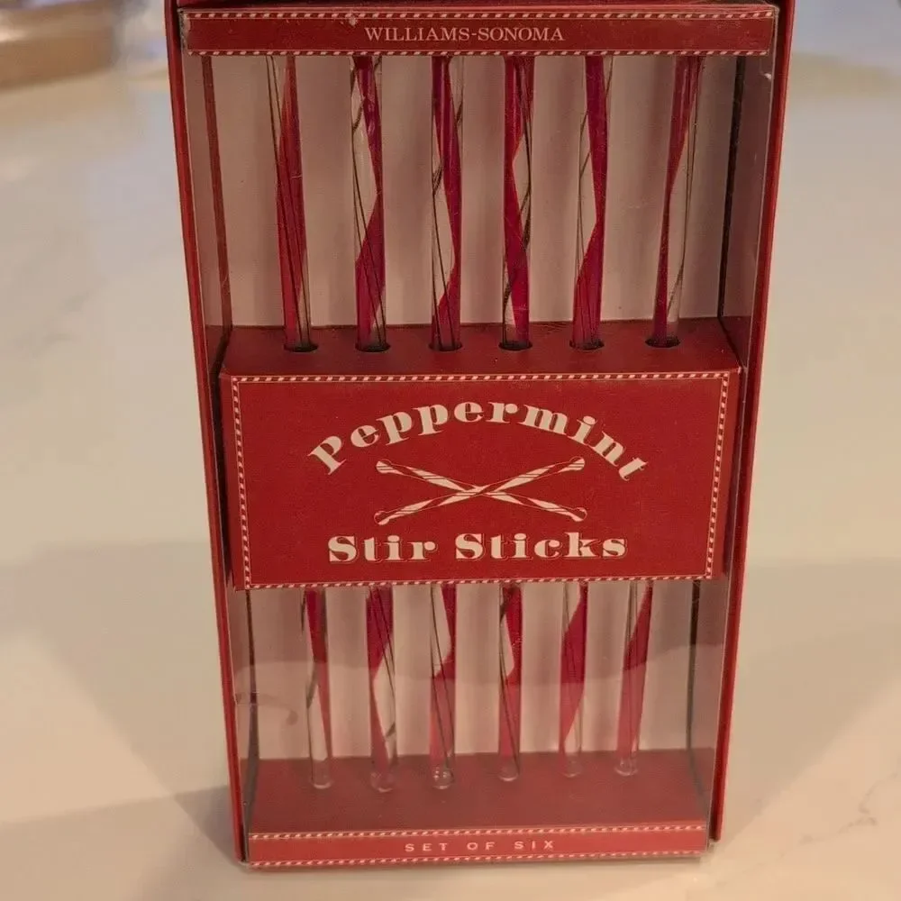 Williams Sonoma Red Swirl Peppermint Glass Stir Sticks Vintage Set Of 6
